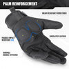 Black palm reinforcement tactical gloves showing features like wear resistant microfiber and simulated leather