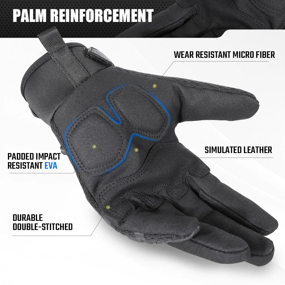 Black palm reinforcement tactical gloves showing features like wear resistant microfiber and simulated leather