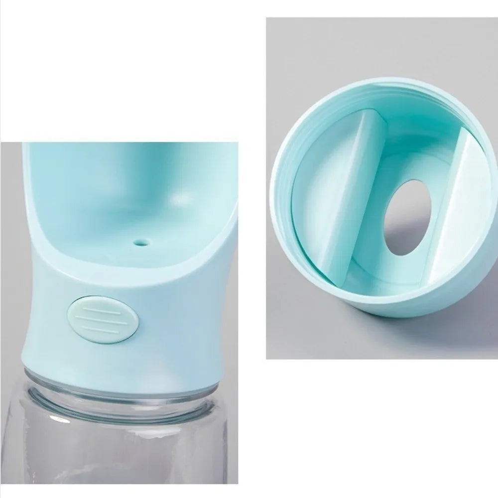 A light blue silicone dispenser for pet water and food, shown in a jar and as a separate component.