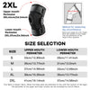 Diagram showing the dimensions and sizing chart for an adjustable knee pad with upper and lower mouth perimeters.
