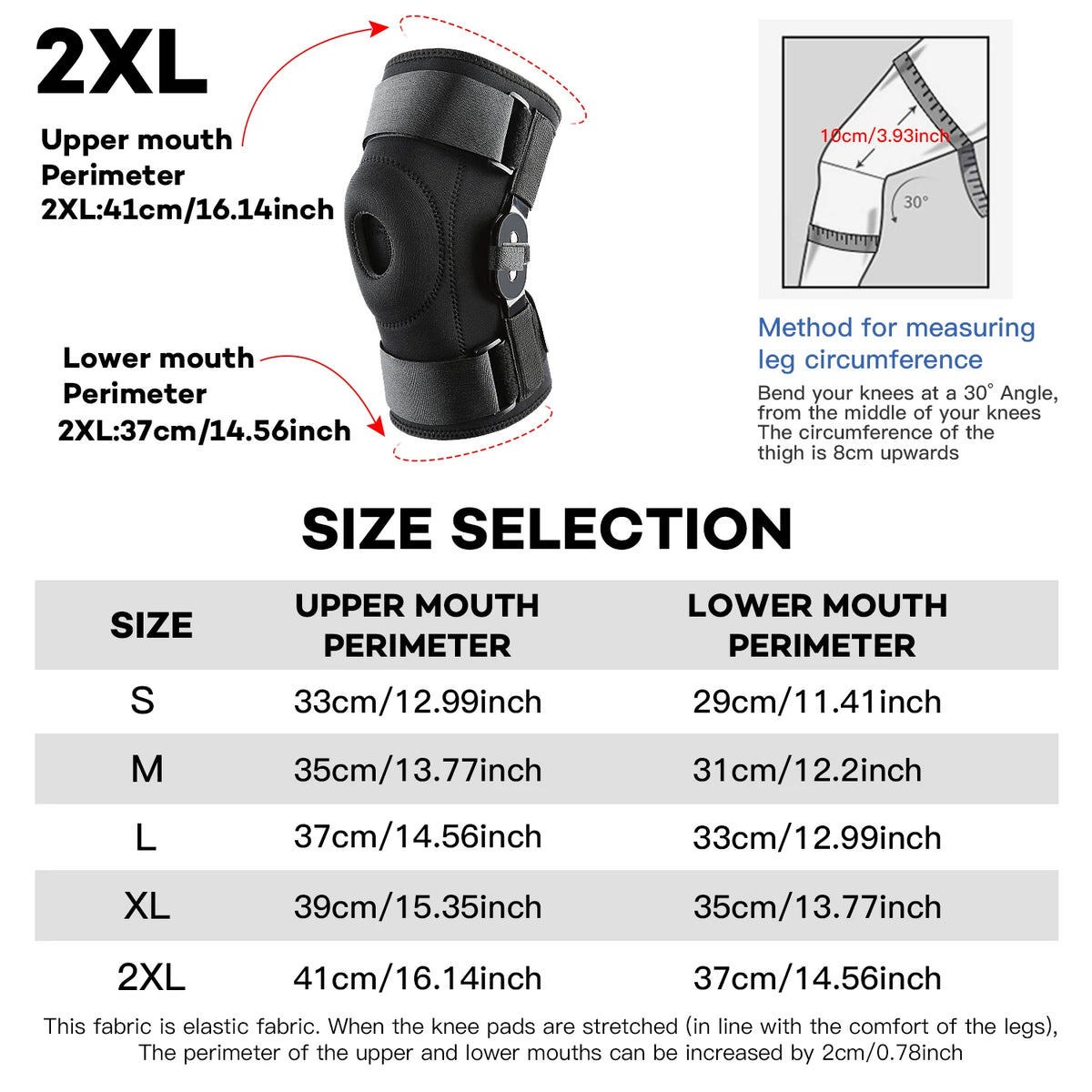 Diagram showing the dimensions and sizing chart for an adjustable knee pad with upper and lower mouth perimeters.