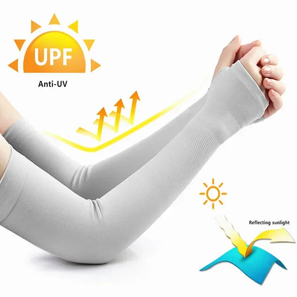 Gray anti-UV arm sleeves being worn on a leg, demonstrating sun protection and UV resistance.