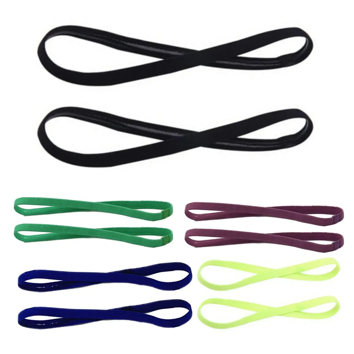 A set of five black, green, purple, blue, and lime yellow elastic sports headbands.