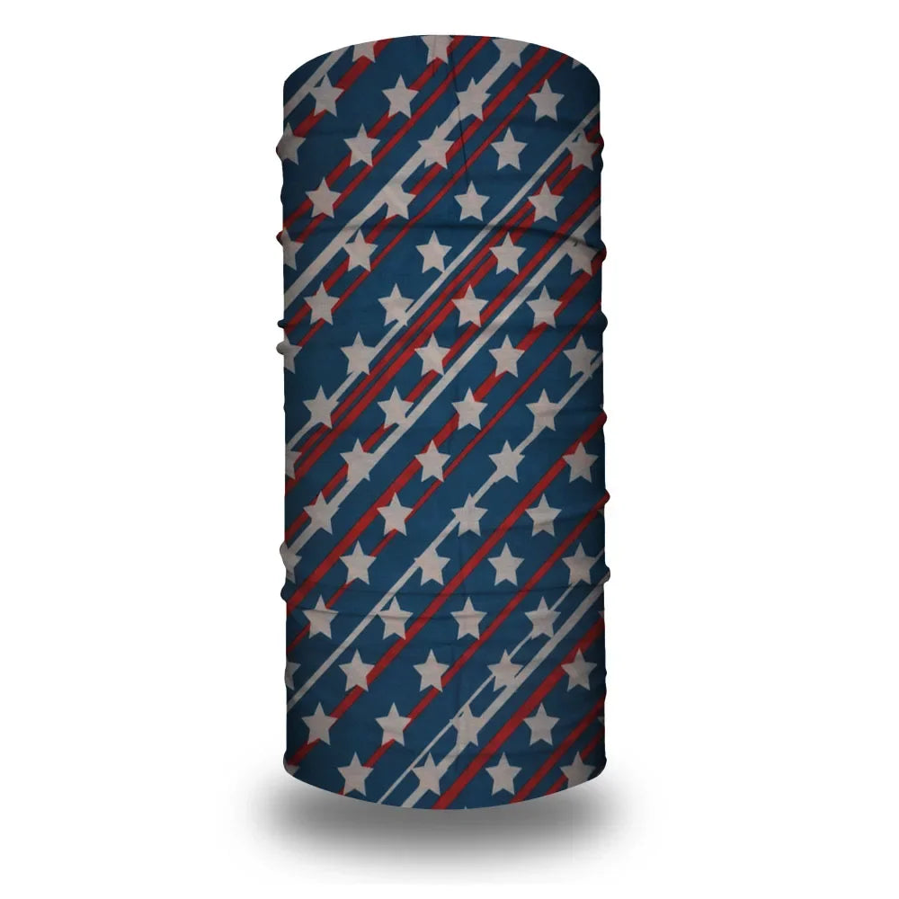 A fabric tube bandana featuring a patriotic design with stars and stripes.
