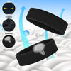 Black moisture-wicking athletic headband shown with features like elastic, absorbency, and breathability