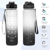 A clear insulated sports water bottle with a black cap, featuring time markers and a straw, shown in two views.