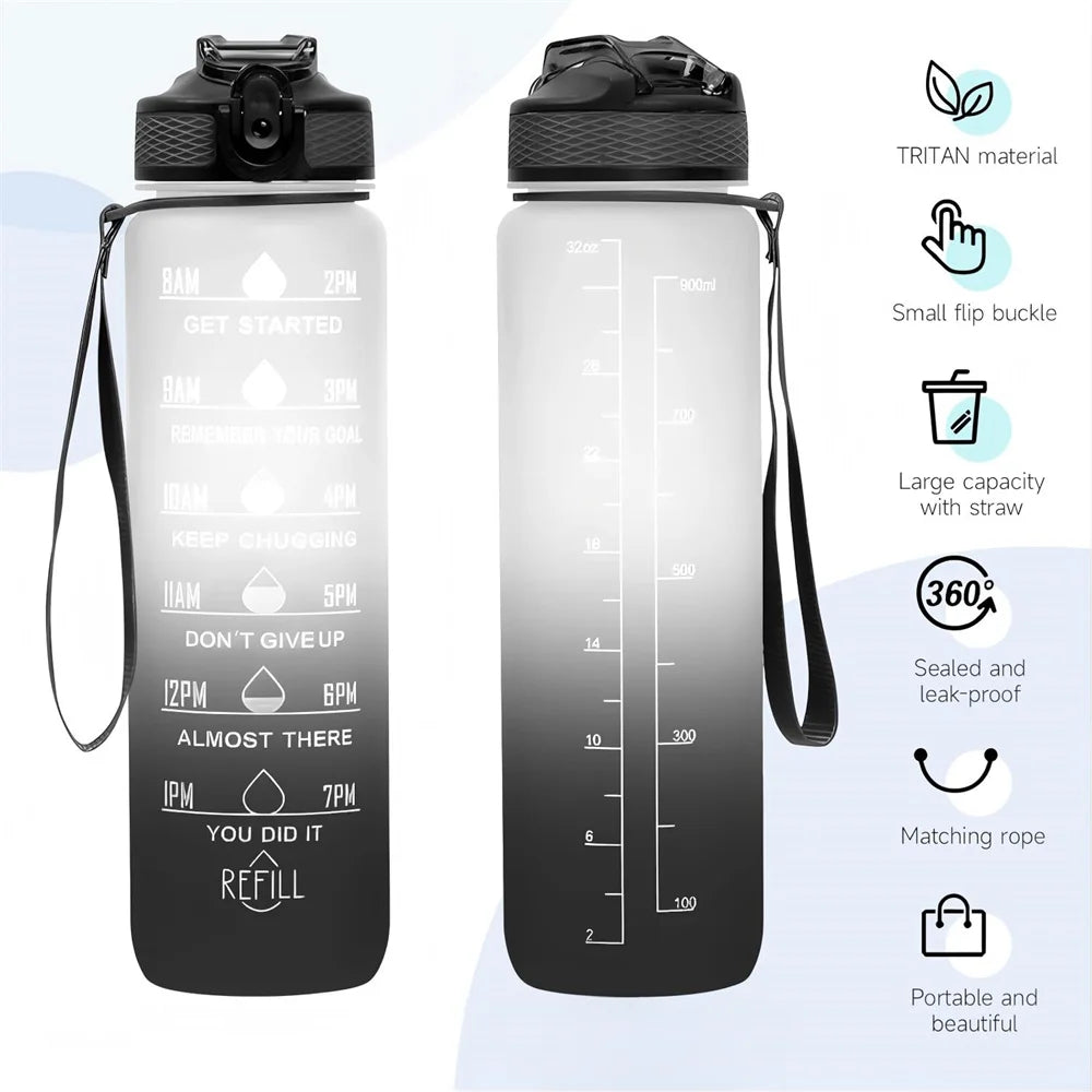 A clear insulated sports water bottle with a black cap, featuring time markers and a straw, shown in two views.