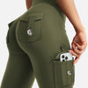 A close-up of olive green high-waisted fitness pants featuring multiple utility pockets.