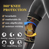 A close-up of a black knee brace with gold accents, demonstrating 360 degree knee protection for various sports.