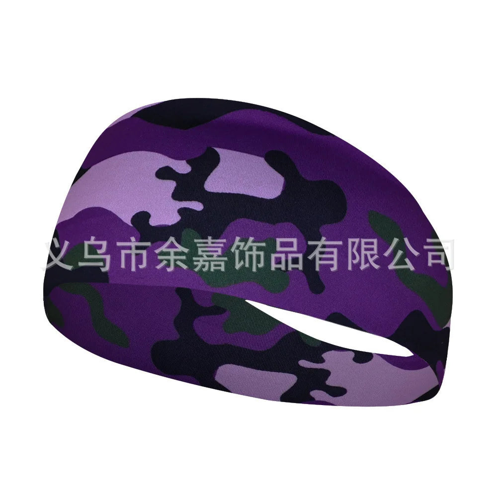 Purple camouflage elastic sports headband shown from the side.