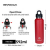 A red REVOMAX double-wall insulated stainless steel thermos bottle shown with its components and dimensions.