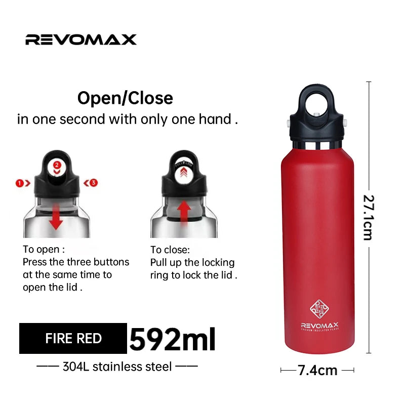 A red REVOMAX double-wall insulated stainless steel thermos bottle shown with its components and dimensions.