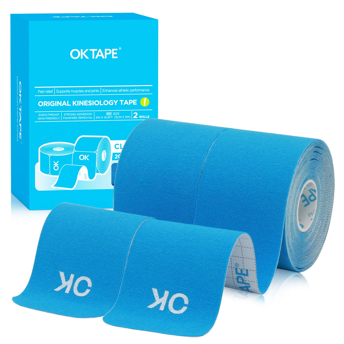A roll of blue OKtape kinesiology tape and a box for athletic and recovery use.