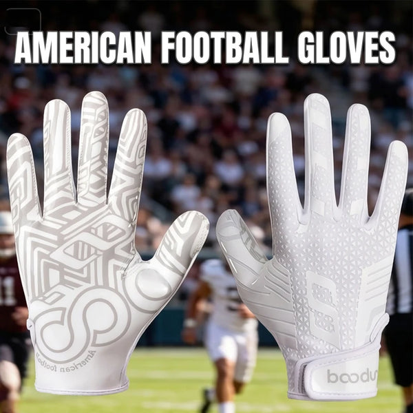 A pair of white American football gloves shown in a close-up, ready for use.