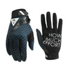 A pair of black and blue full finger motocross motorcycle gloves with a white logo on the back