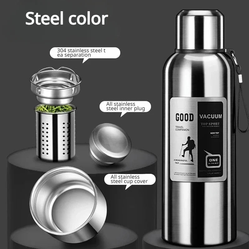 Termo de acero inoxidable plateado con tapón sellado y cubierta de taza, junto a sus piezas desmontadas.