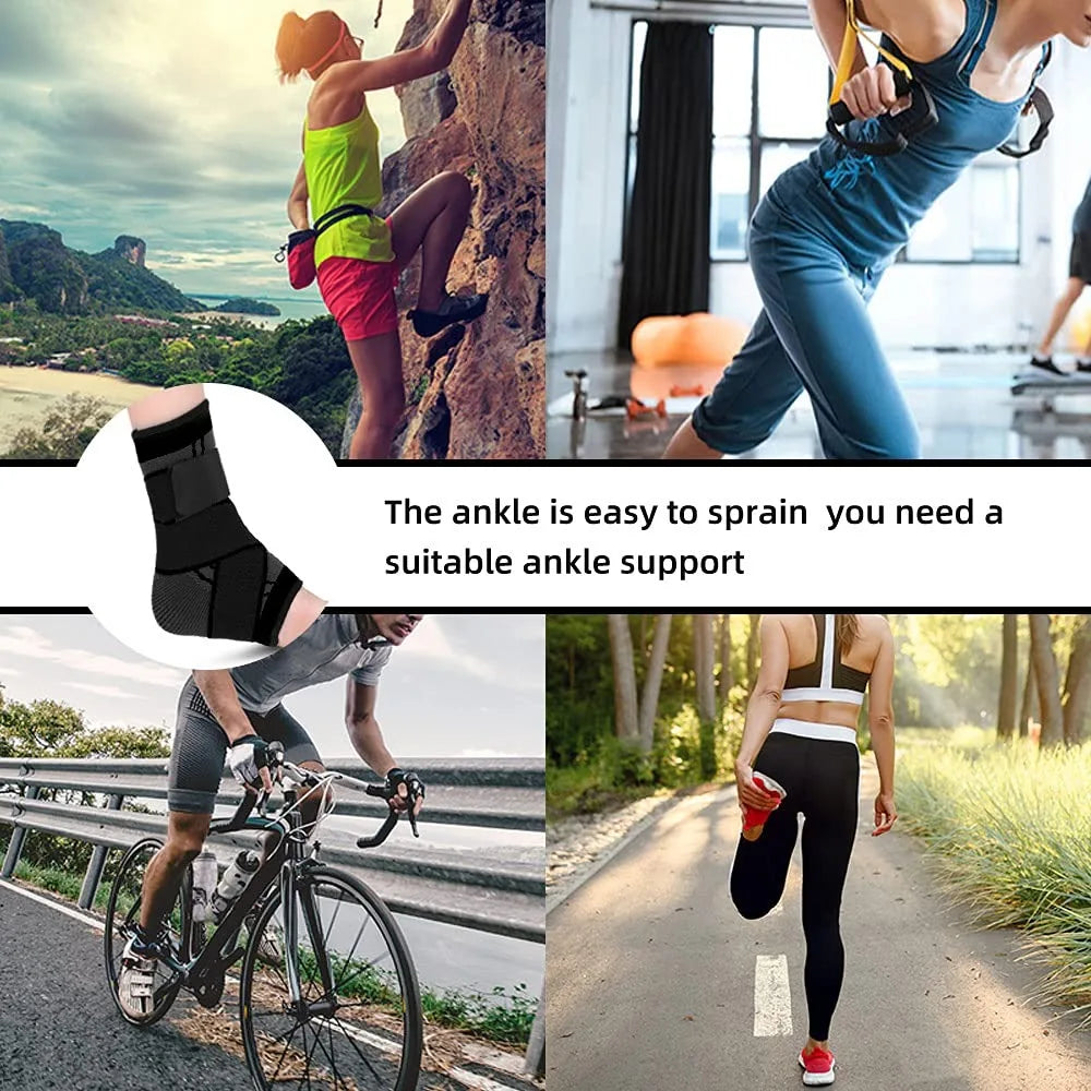 An adjustable ankle compression brace is shown being used for support and recovery.