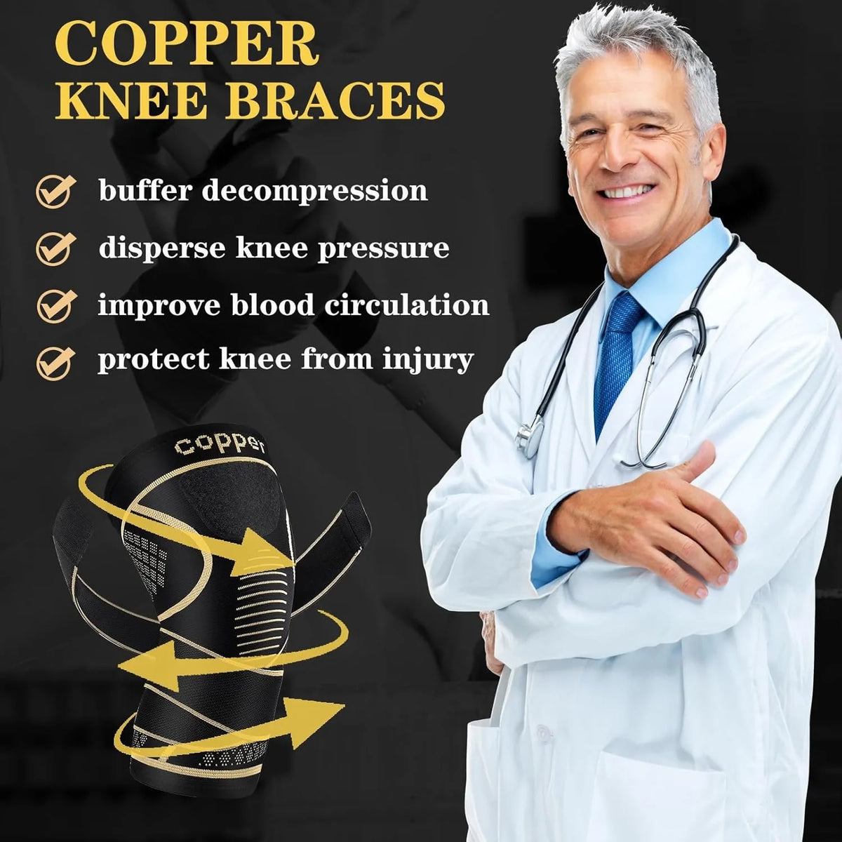 A doctor demonstrates copper knee braces, showing the product and its benefits for knee pain relief.