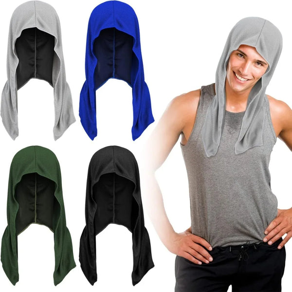 A man models a gray cooling sports headscarf for sun protection, showing the fabric and fit.