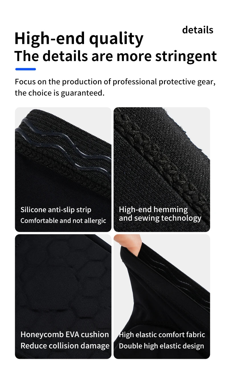 Close-up view of black protective gear featuring silicone strips, high-end hemming, honeycomb EVA cushion, and elastic fabric