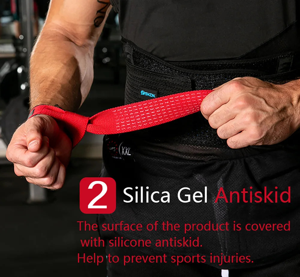 A person wearing a black shirt is holding a red silicone gel antiskid wrist strap for grip and support.
