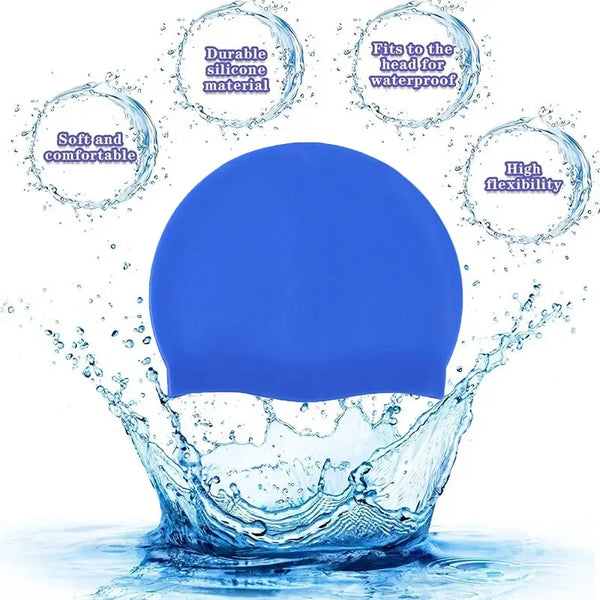 A bright blue silicone swim cap is shown splashing water, highlighting its durability and flexibility.