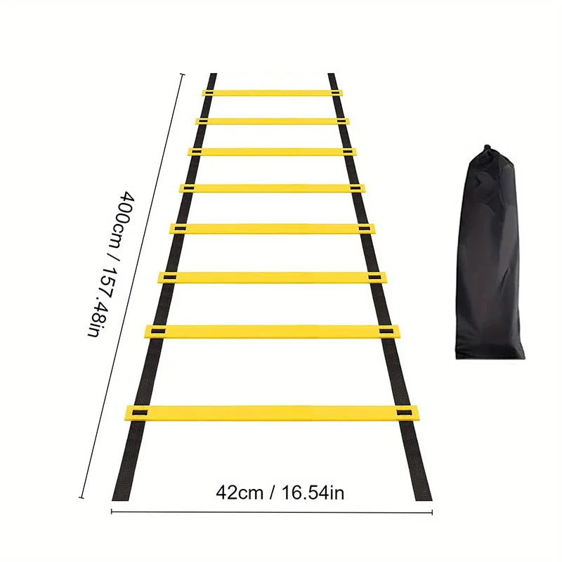 Black agility ladder with yellow rungs shown against a white background.