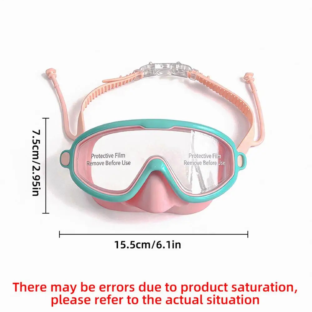 Pink kids swimming goggles with clear anti-fog lenses shown flat