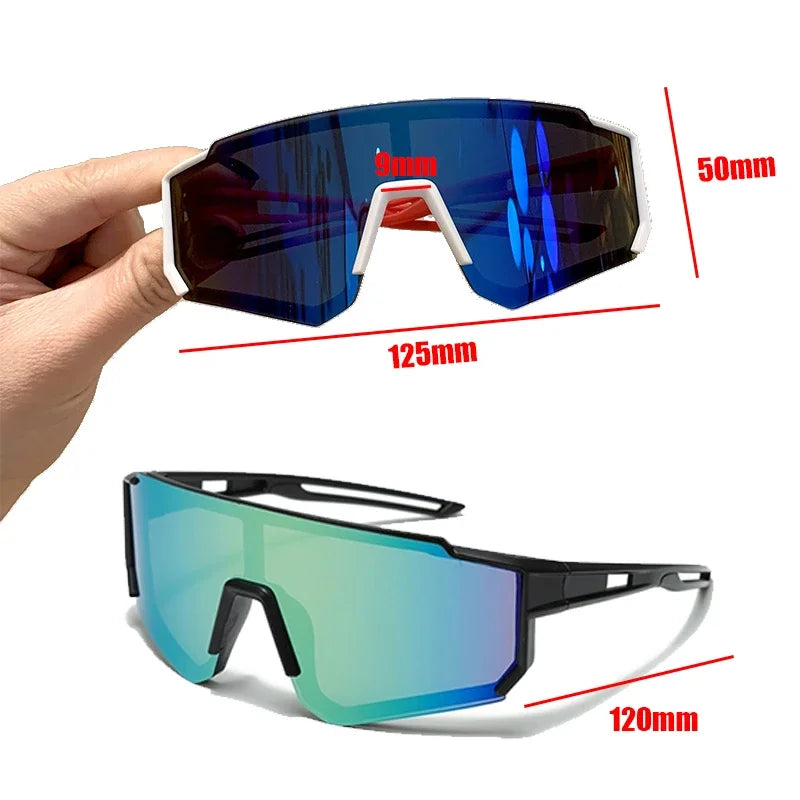A pair of blue-tinted sports sunglasses shown from the side and top view.
