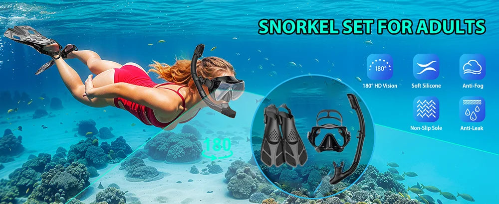 Premium 3-in-1 Snorkeling Set with Panoramic Mask, Dry Snorkel, and Adjustable Fins