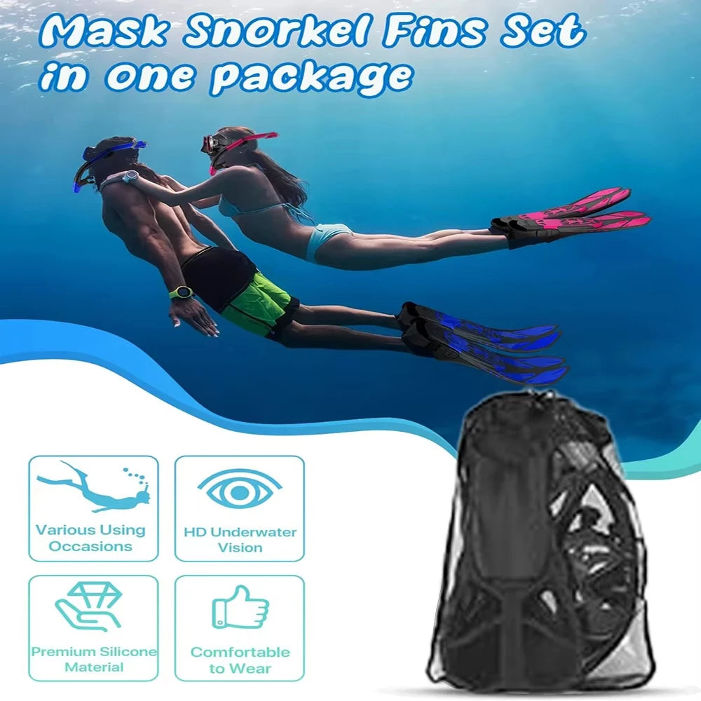 Premium 3-in-1 Snorkeling Set with Panoramic Mask, Dry Snorkel, and Adjustable Fins