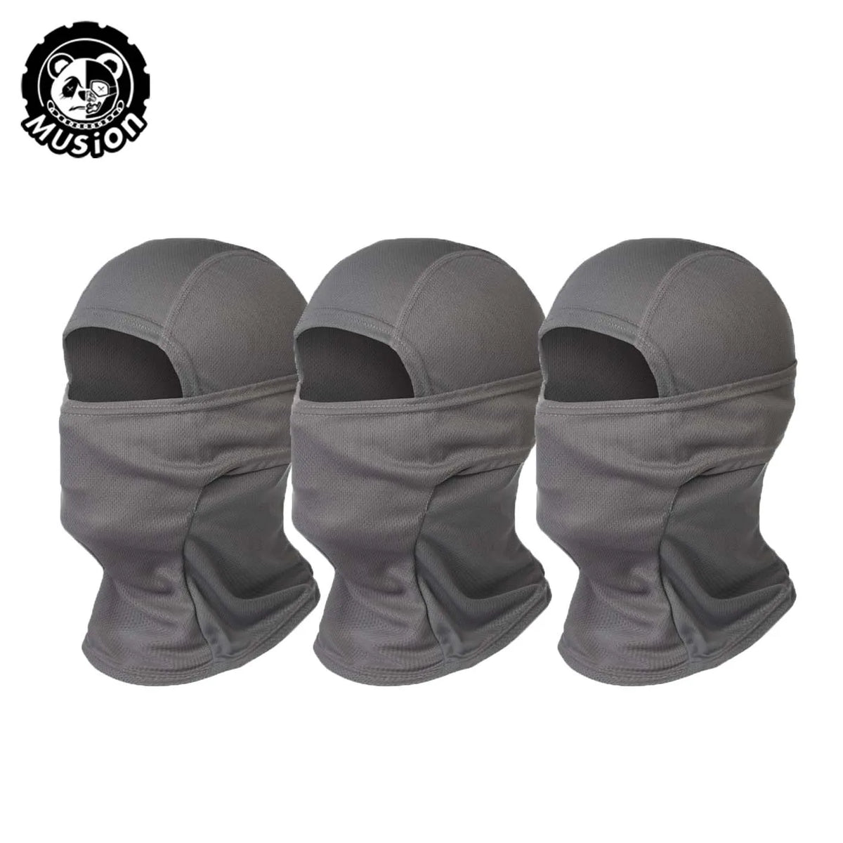 Three gray breathable mesh balaclava face masks shown from the front.