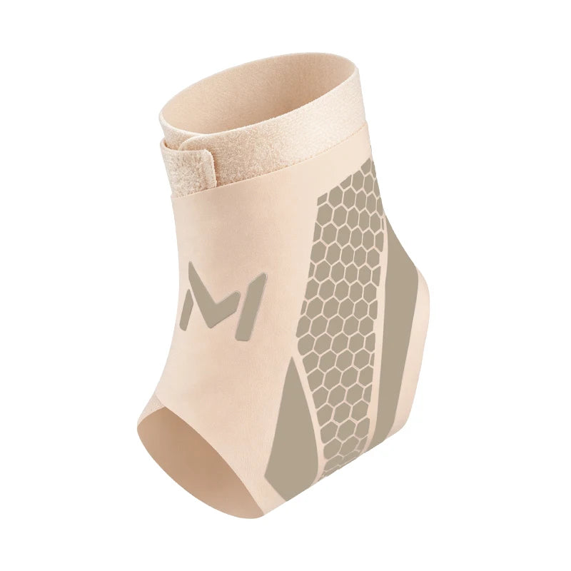 A beige compression ankle support foot sleeve with a geometric pattern and a logo on the side.