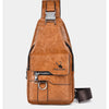 A brown leather men's crossbody bag with a silver buckle and black trim.