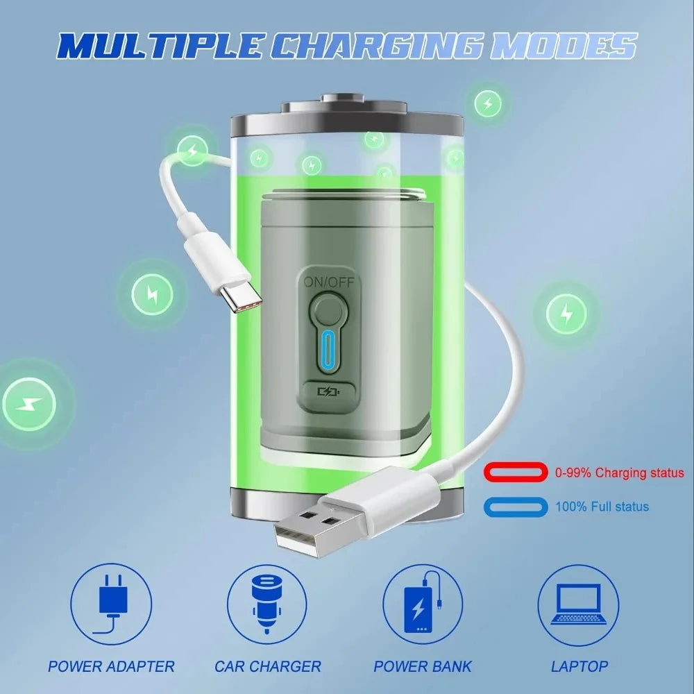 Tragbare elektrische Luftpumpe in grün und silber mit verschiedenen Ladefunktionen.
