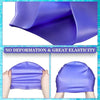 Purple waterproof silicone swim cap shown in various angles demonstrating elasticity and no deformation