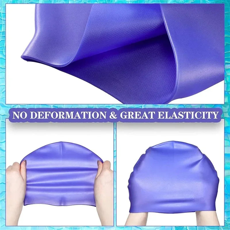 Purple waterproof silicone swim cap shown in various angles demonstrating elasticity and no deformation
