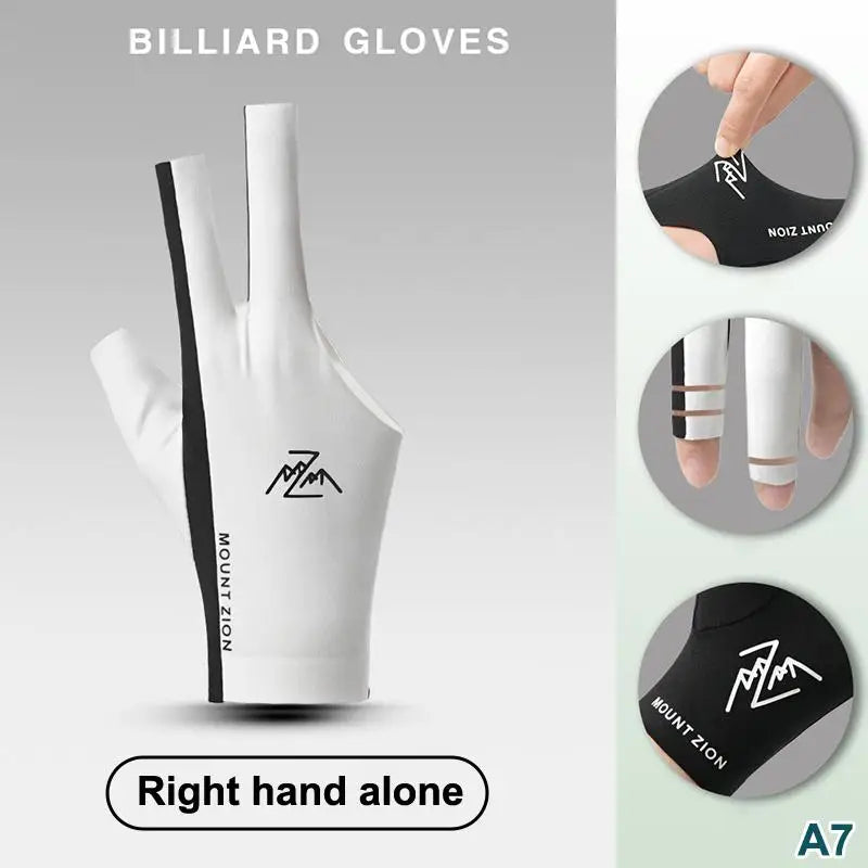 White billiard gloves shown from the top, with a close-up of the palm side.