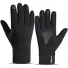 A pair of black winter cycling gloves with a touch screen feature shown against a white background.