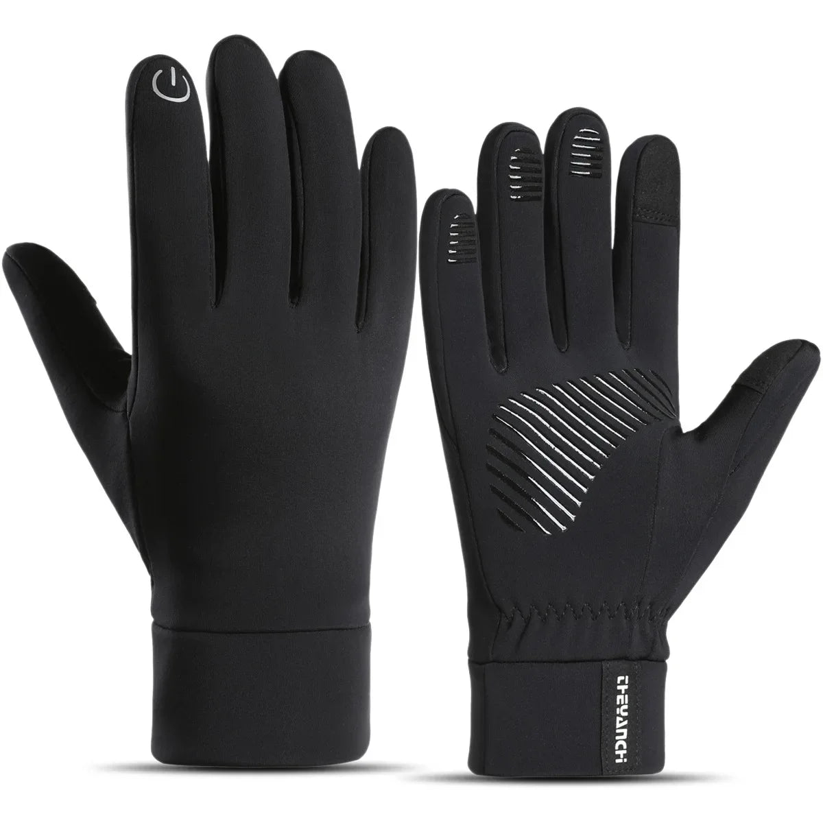 A pair of black winter cycling gloves with a touch screen feature shown against a white background.
