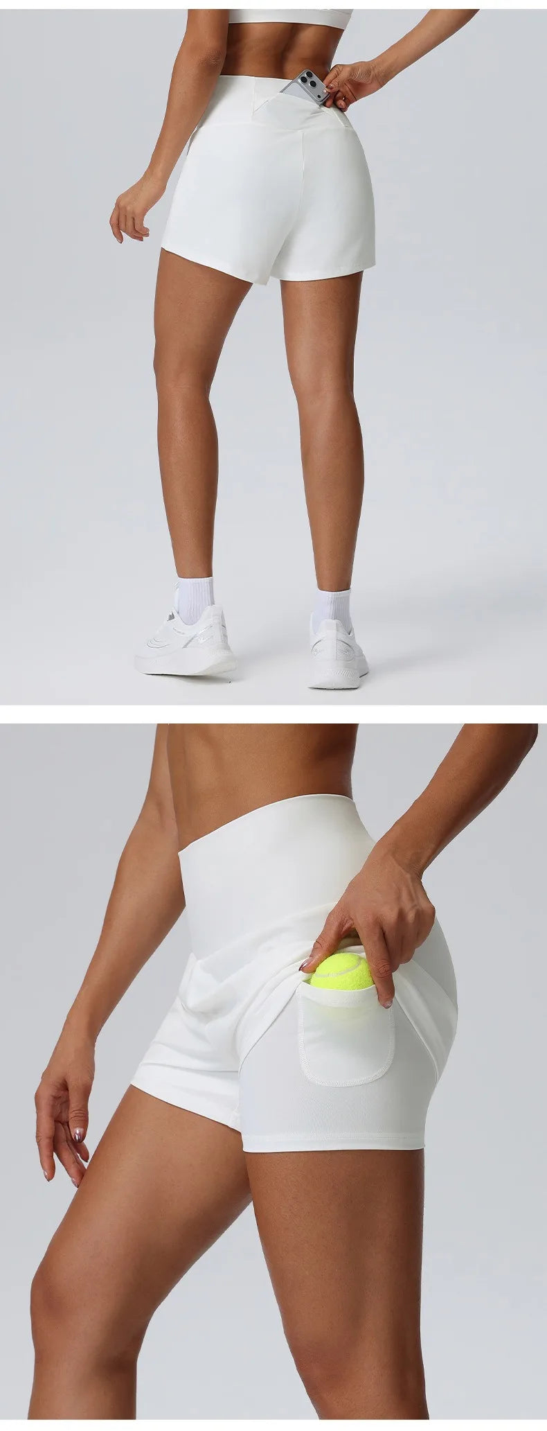 Eine Frau modelliert weiße, schnelltrocknende Sportshorts mit einer Tasche und einem limettengrünen Tennisball.