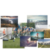Collage von Bildern mit Menschen, die Fahrräder fahren, Sportaktivitäten und Naturlandschaften.