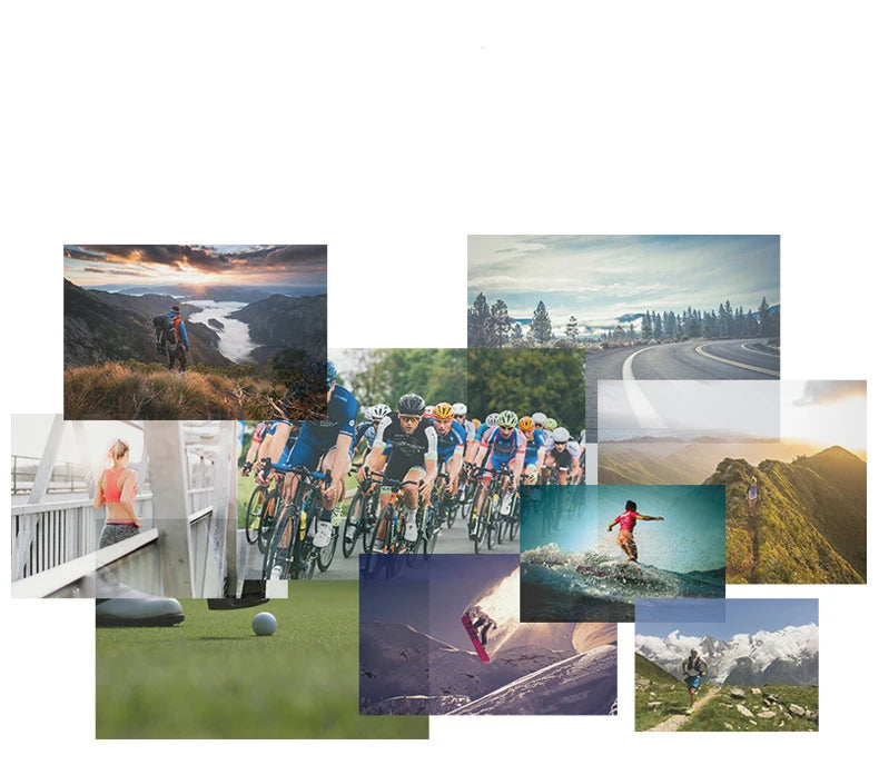 Collage von Bildern mit Menschen, die Fahrräder fahren, Sportaktivitäten und Naturlandschaften.