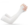 A person is wearing a white UV protection arm sleeve on their forearm.