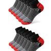 A stack of black and red athletic knit ankle socks for men displayed on a white background.