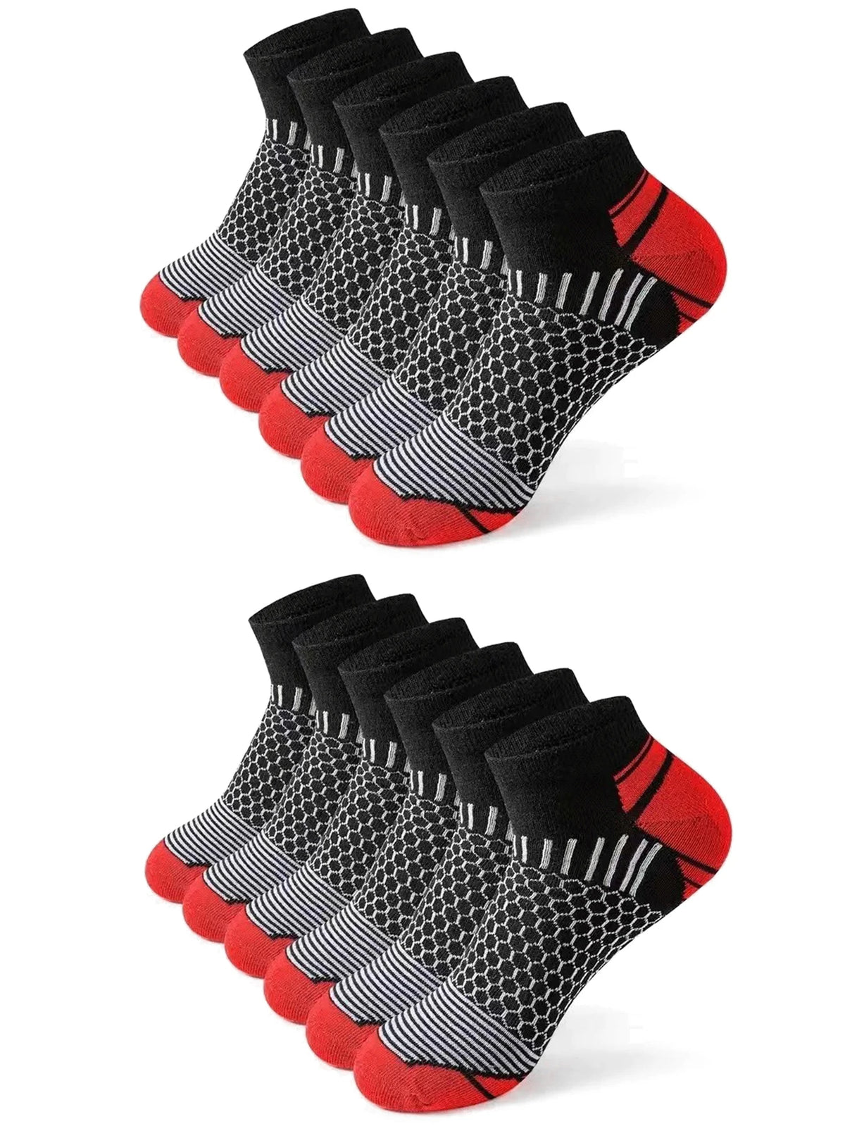 A stack of black and red athletic knit ankle socks for men displayed on a white background.