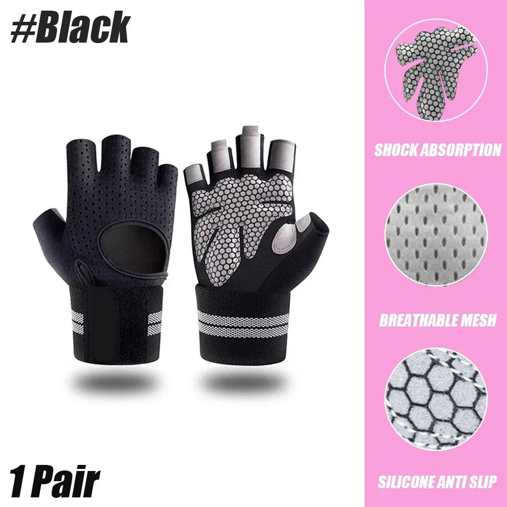 A pair of black heavy duty weightlifting gloves with mesh palm and wrist support.
