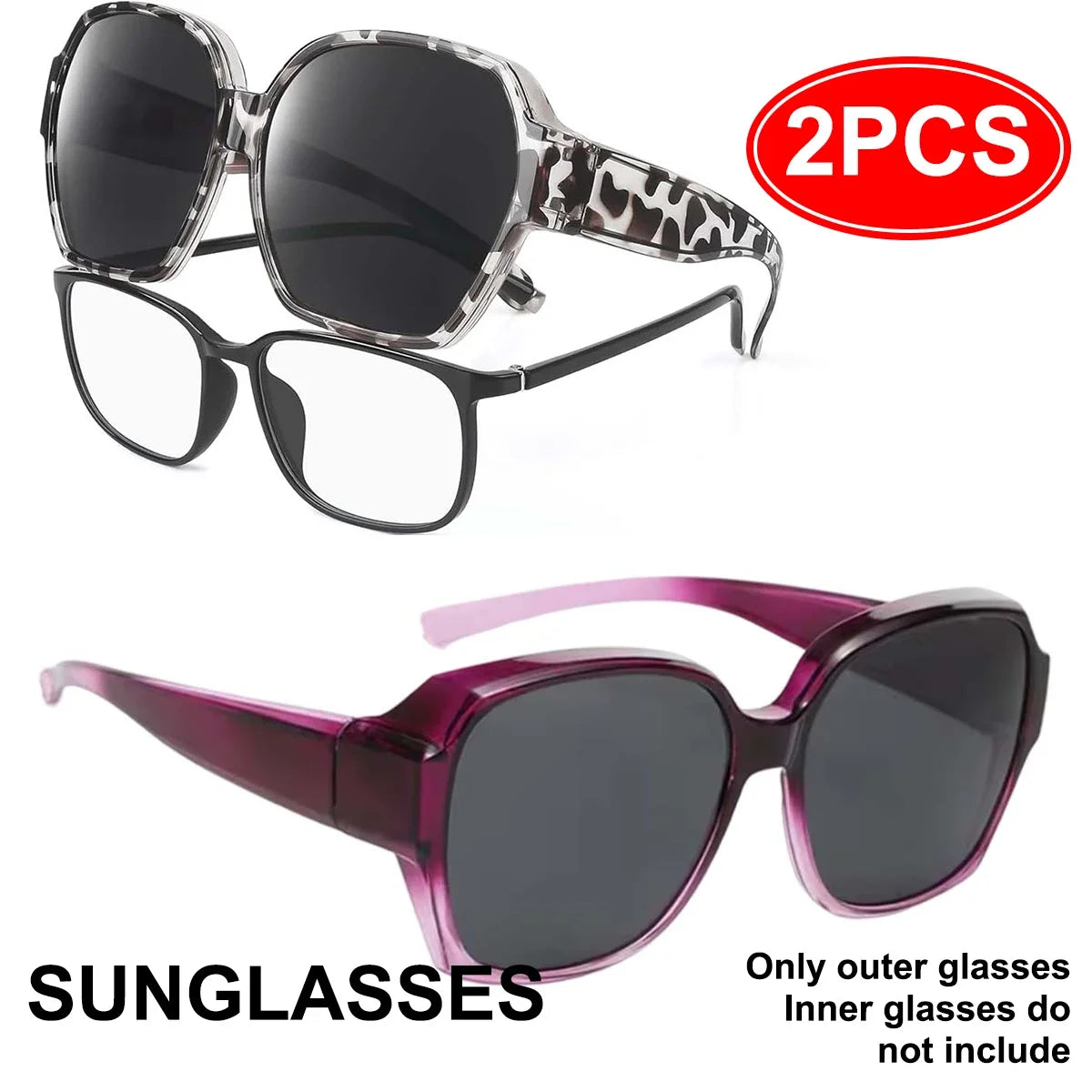 A set of two sunglasses is shown, including a pair with a leopard print frame and a pair with a purple frame.