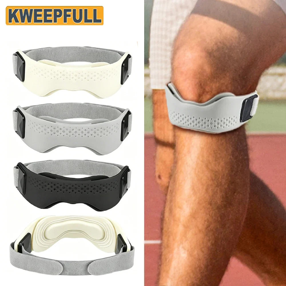 Various colored anatomical knee patella support straps shown on a leg for joint stabilization.
