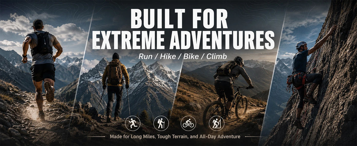 A montage of extreme adventure sports including running, hiking, biking, and climbing against a mountainous backdrop.